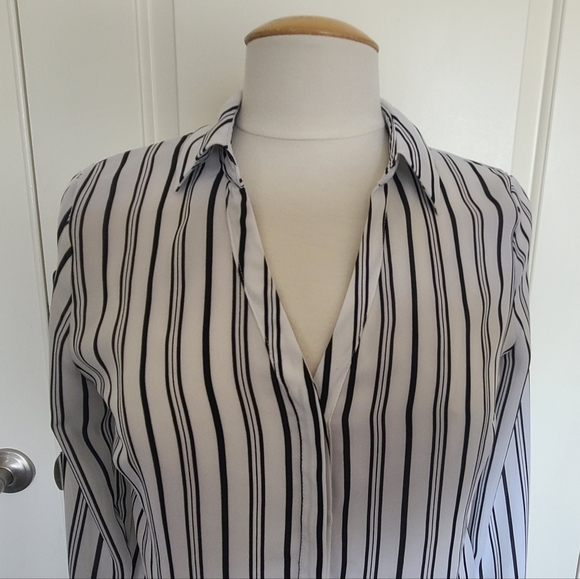 Sheer Black and White Striped Button Down Blouse - Picture 2 of 4